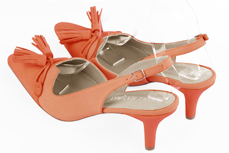 Clementine orange women's open back shoes, with a knot. Tapered toe. Medium slim heel. Rear view - Florence KOOIJMAN